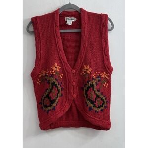 Vtg Women Sweater Vest L Red Crochet Cottage Floral Embroidered Cristina‎ Granny